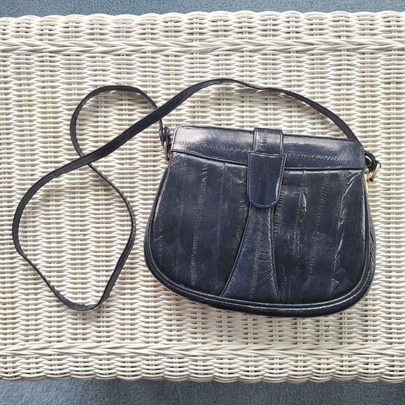 Vintage Retro 80s Genuine Eel Skin Navy Leather Handbag Shoulder Bag Purse - Picture 2 of 10